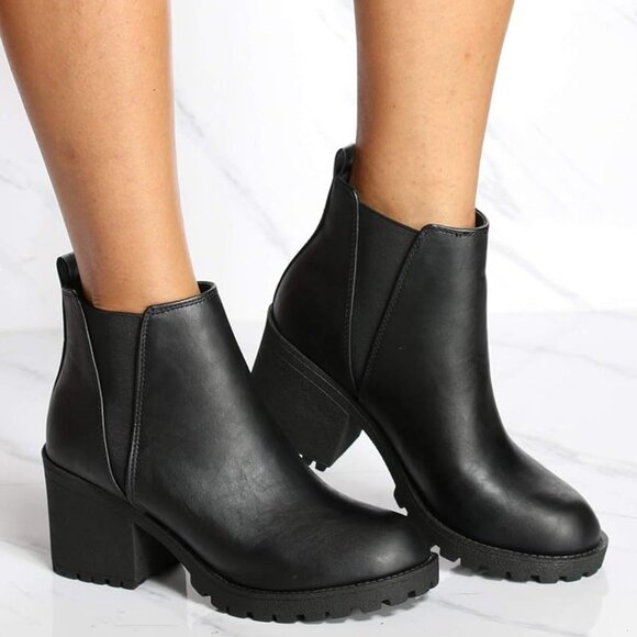 NEW🔥 Round Toe Chelsea Ankle Boots Booties Chunky Block Heel Lug Sole Platform - Picture 2 of 4
